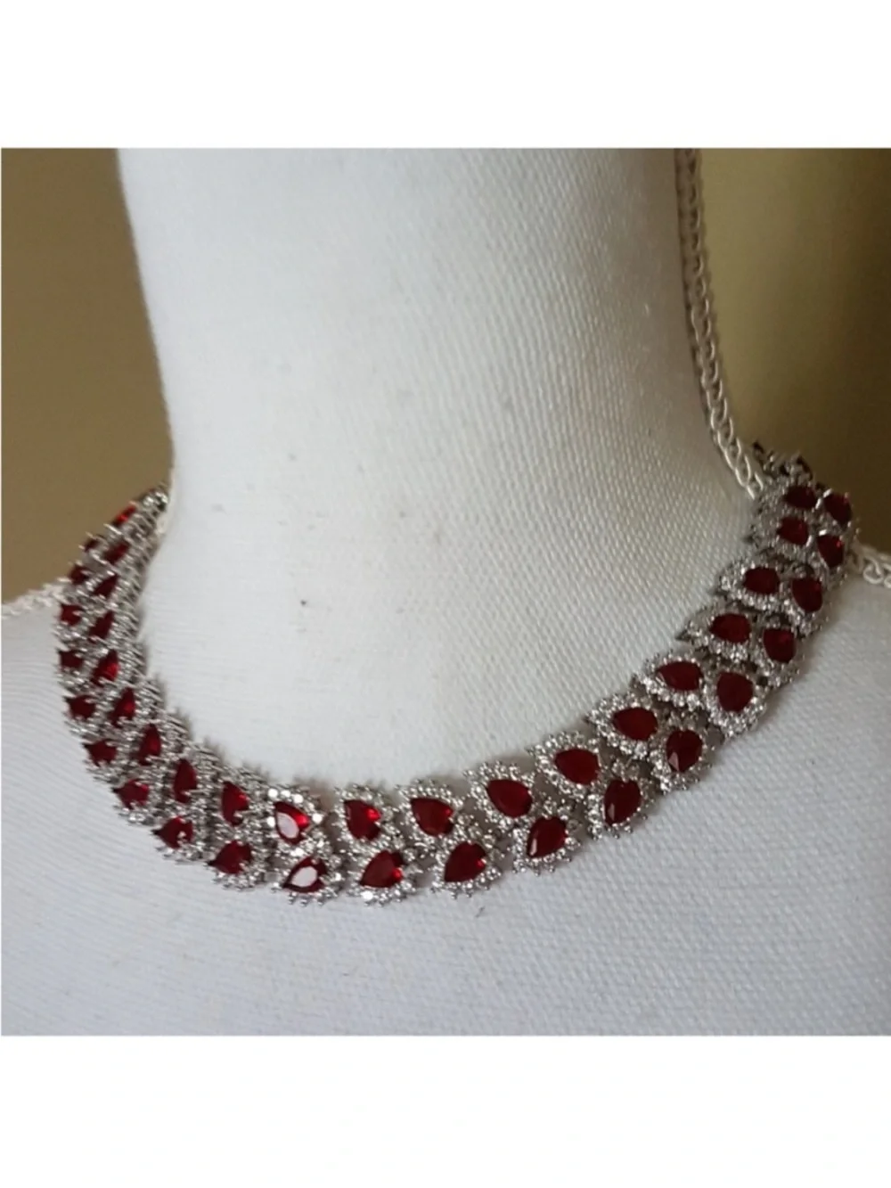 Swarovski Elements Platinum Ruby Red All-around Tennis Necklace & Earrings SET
